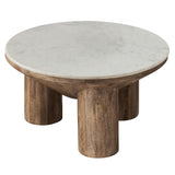 Thora 33" Round Wood Coffee Table With Marble Top in Walnut
