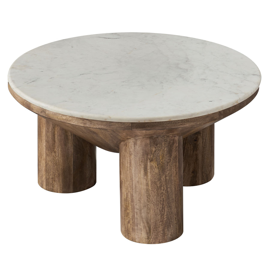 Thora 33" Round Wood Coffee Table With Marble Top in Walnut
