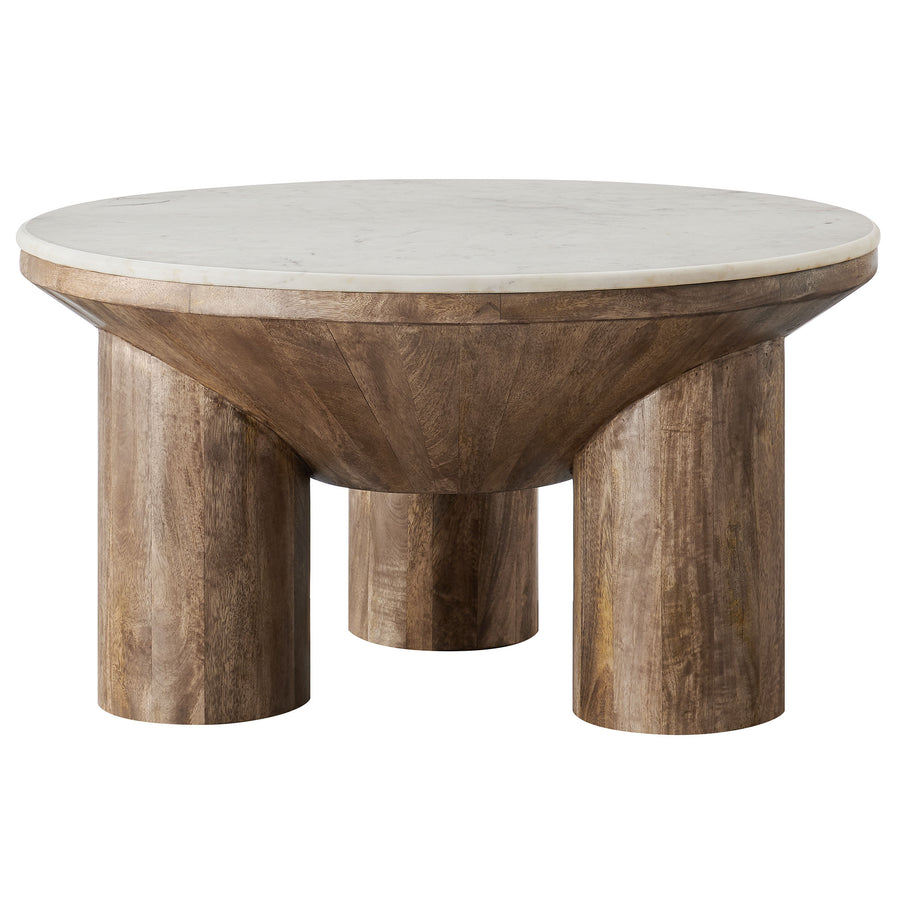 Thora 33" Round Wood Coffee Table With Marble Top in Walnut