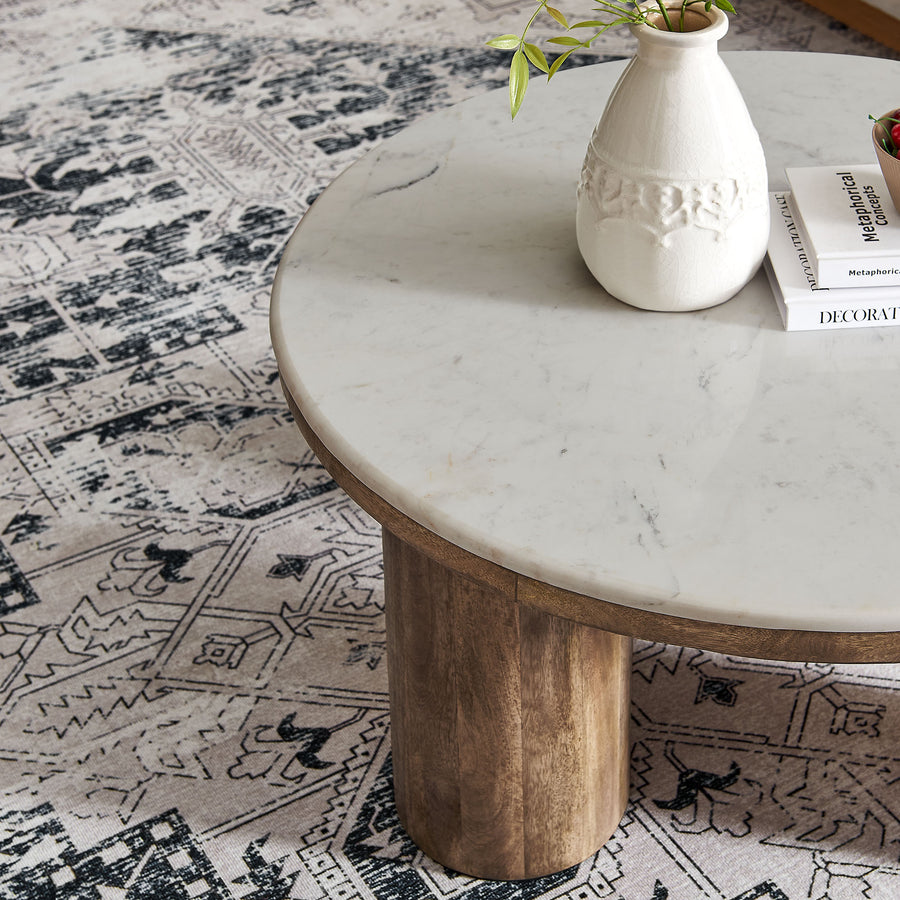 Thora 33" Round Wood Coffee Table With Marble Top in Walnut