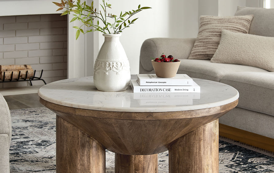 Thora 33" Round Wood Coffee Table With Marble Top in Walnut
