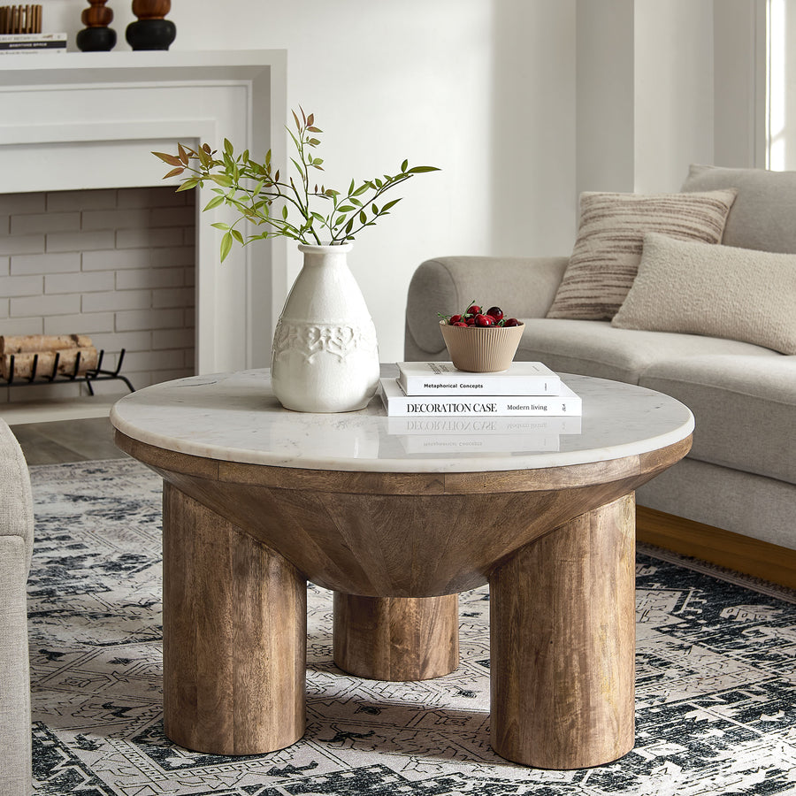 Thora 33" Round Wood Coffee Table With Marble Top in Walnut