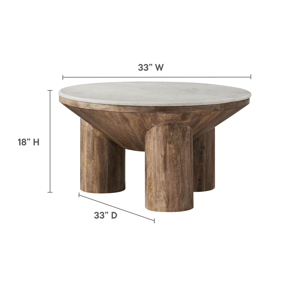 Thora 33" Round Wood Coffee Table With Marble Top in Walnut