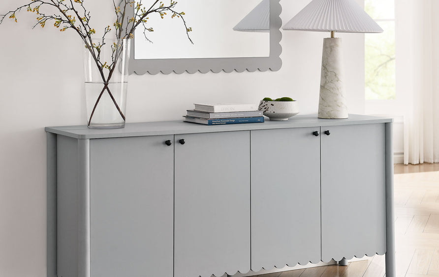 Solstice 66" 4-Door Scalloped Sideboard Cabinet in Light Gray
