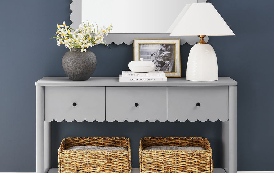 Solstice 3-Drawer Scalloped Console Table in Light Gray