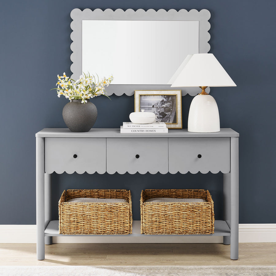Solstice 3-Drawer Scalloped Console Table in Light Gray