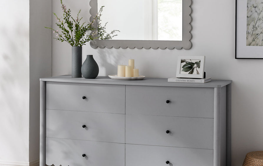 Solstice Scalloped 6-Drawer Dresser in Light Gray