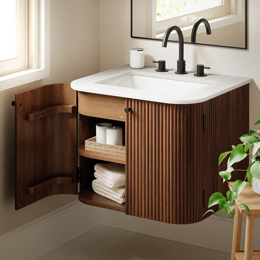 Paloma 24" Wall-Mount Bathroom Vanity with Marble Sink in Walnut