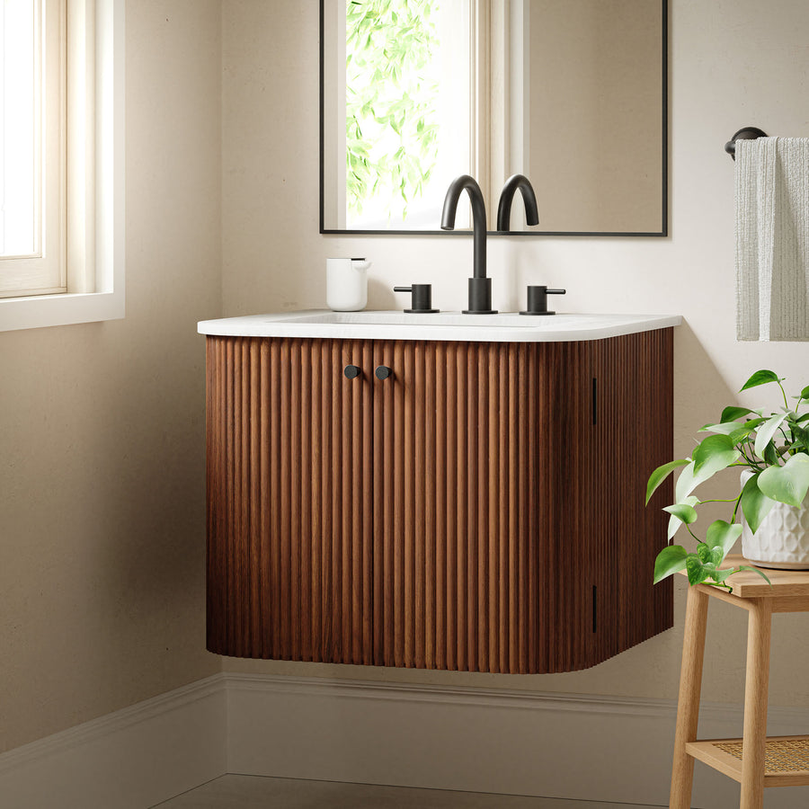Paloma 24" Wall-Mount Bathroom Vanity with Marble Sink in Walnut