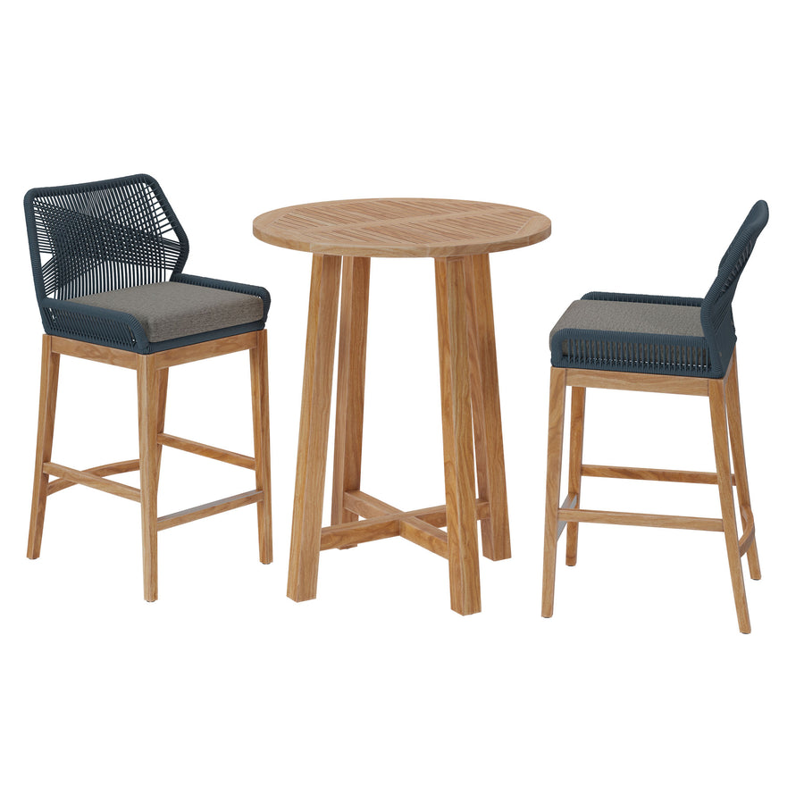 Camden 3-Piece Outdoor Patio Teak Wood Bar Set in Blue Graphite