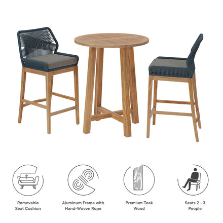 Wellspring 3-Piece Outdoor Patio Teak Wood Bar Set in Blue Graphite