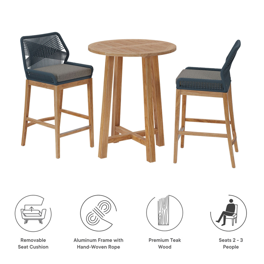 Camden 3-Piece Outdoor Patio Teak Wood Bar Set in Blue Graphite
