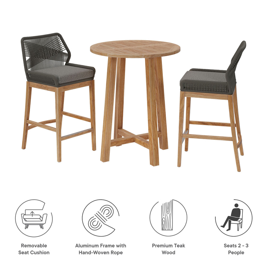 Camden 3-Piece Outdoor Patio Teak Wood Bar Set in Gray Graphite