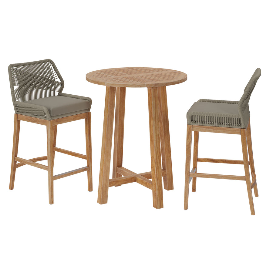 Camden 3-Piece Outdoor Patio Teak Wood Bar Set in Light Gray Greige