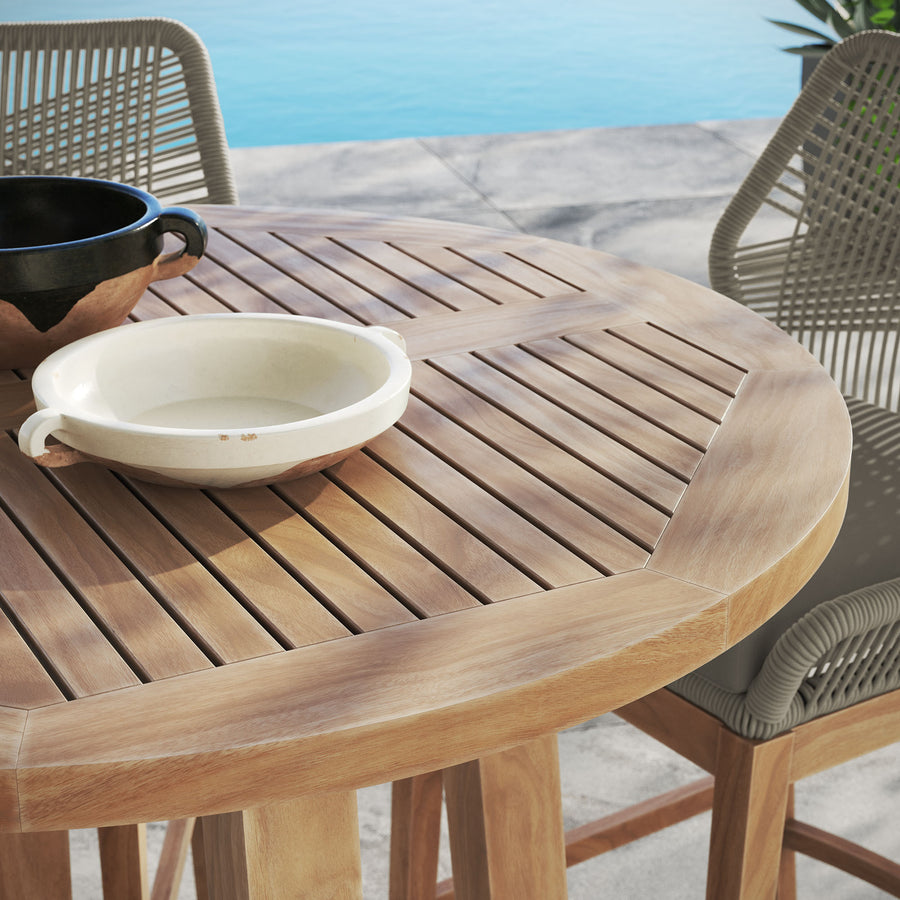 Camden 3-Piece Outdoor Patio Teak Wood Bar Set in Light Gray Greige