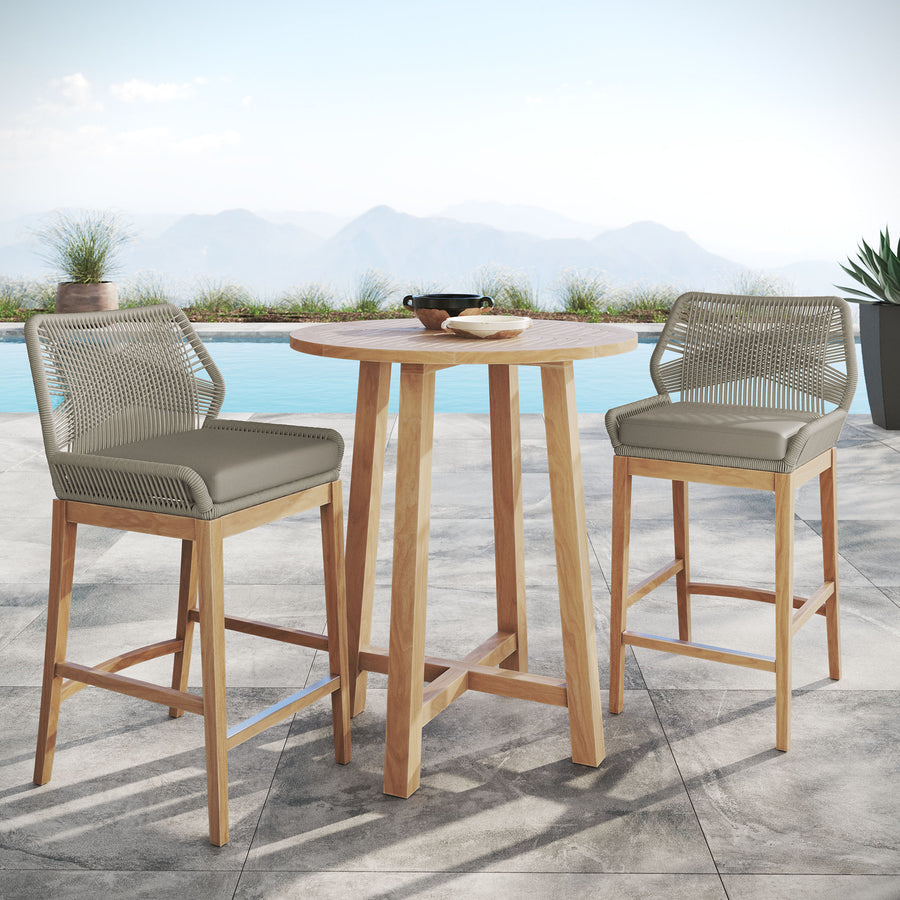 Camden 3-Piece Outdoor Patio Teak Wood Bar Set in Light Gray Greige