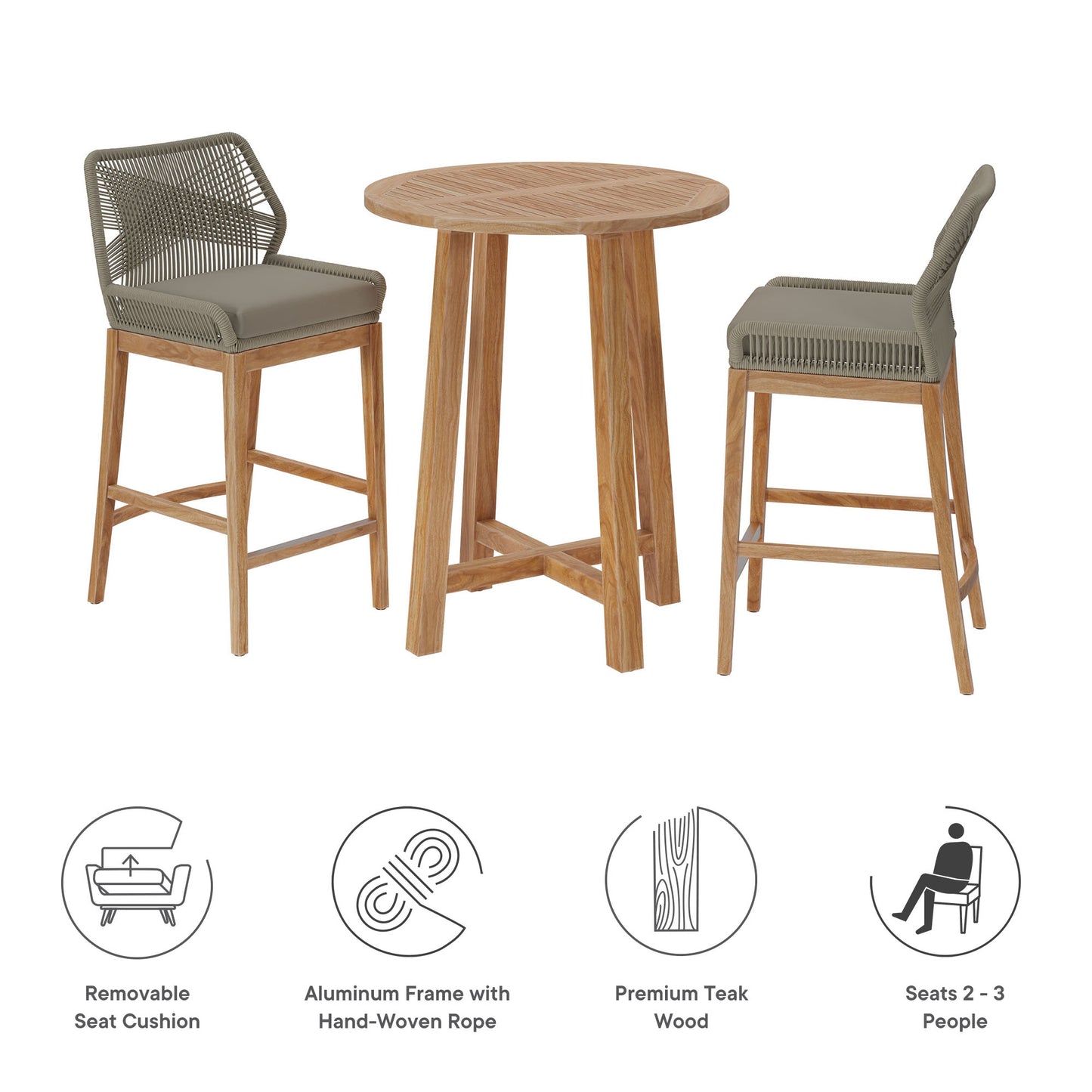 Wellspring 3-Piece Outdoor Patio Teak Wood Bar Set by Furniture For America