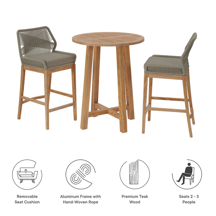 Camden 3-Piece Outdoor Patio Teak Wood Bar Set in Light Gray Greige