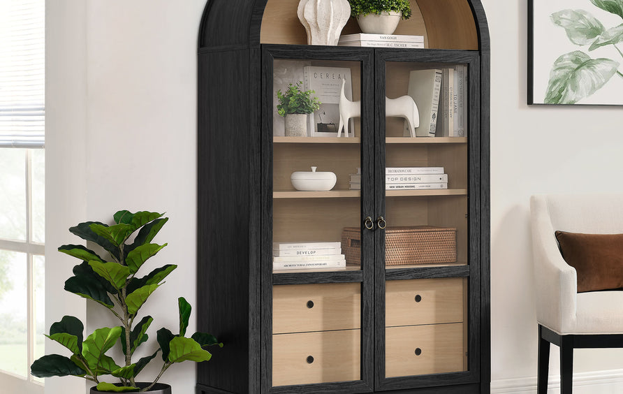 Percale 74" Tall Wide Arched Storage Display Cabinet in Black Oak
