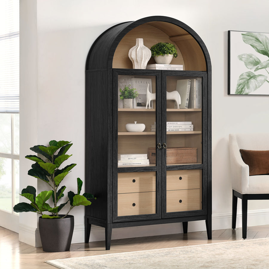Percale 74" Tall Wide Arched Storage Display Cabinet in Black Oak