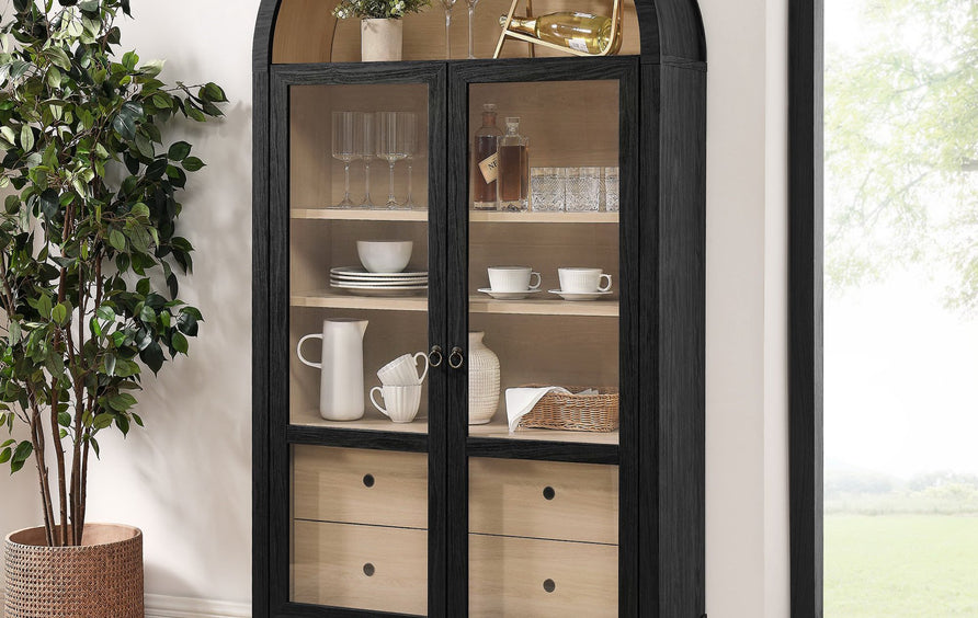 Percale 74" Tall Wide Arched Storage Display Cabinet in Black Oak