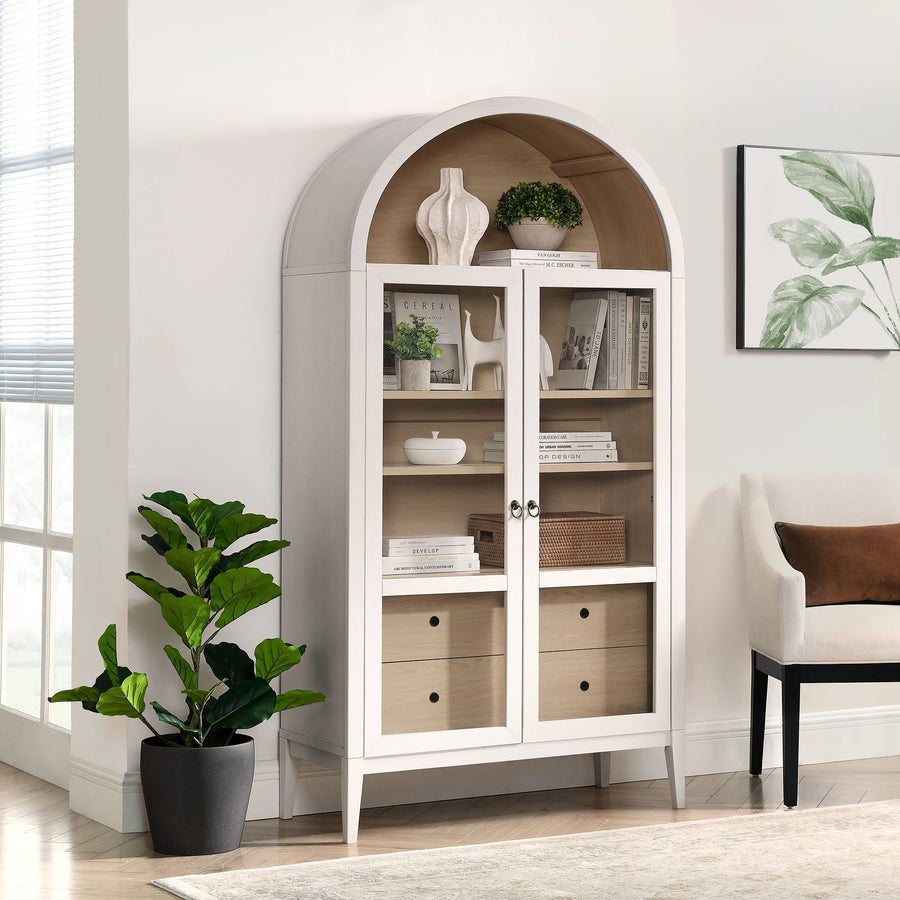 Percale 74" Tall Wide Arched Storage Display Cabinet in Ivory Oak