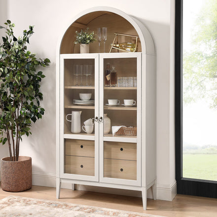 Nolan 74" Tall Wide Arched Storage Display Cabinet in Ivory Oak