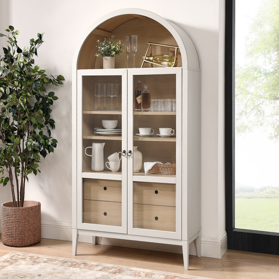 Percale 74" Tall Wide Arched Storage Display Cabinet in Ivory Oak