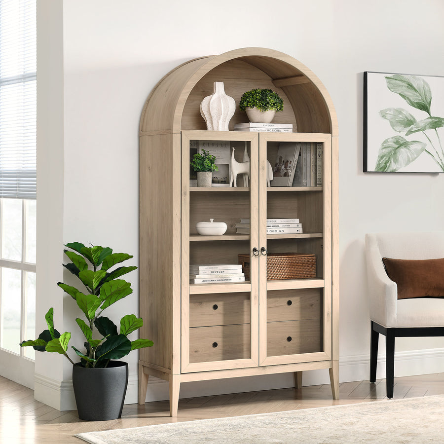 Percale 74" Tall Wide Arched Storage Display Cabinet in Light Oak