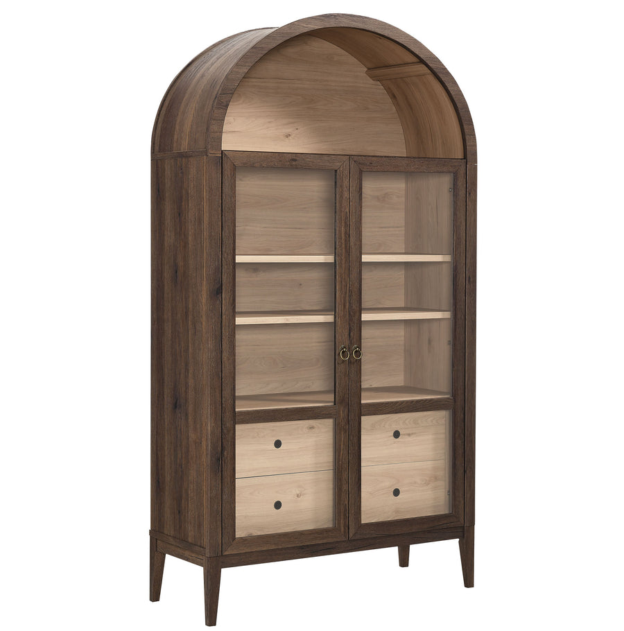 Percale 74" Tall Wide Arched Storage Display Cabinet in Walnut Light Oak