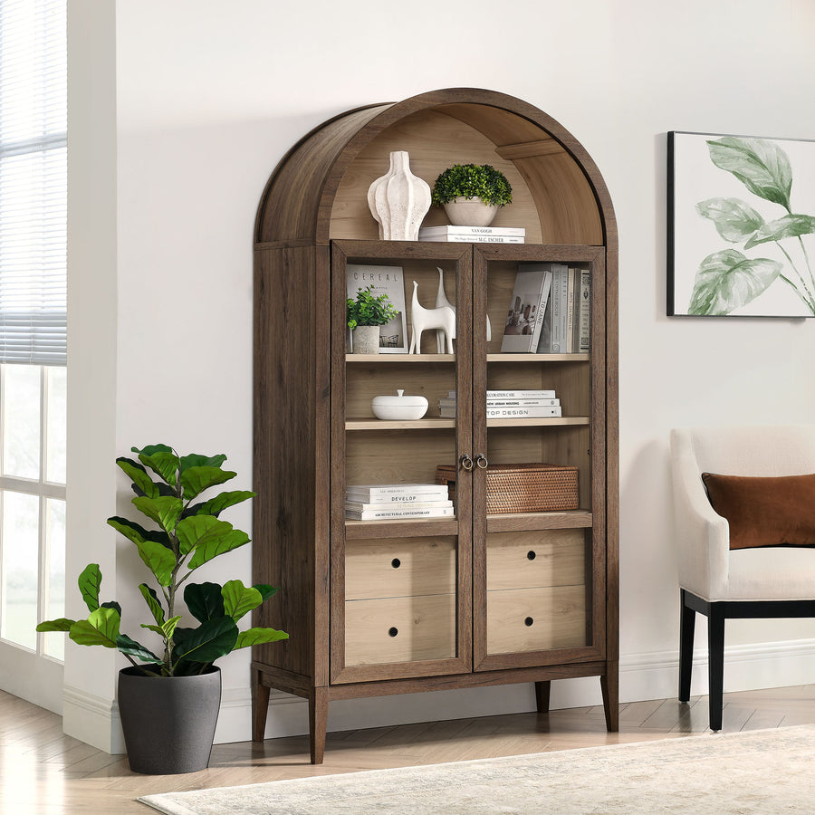 Percale 74" Tall Wide Arched Storage Display Cabinet in Walnut Light Oak