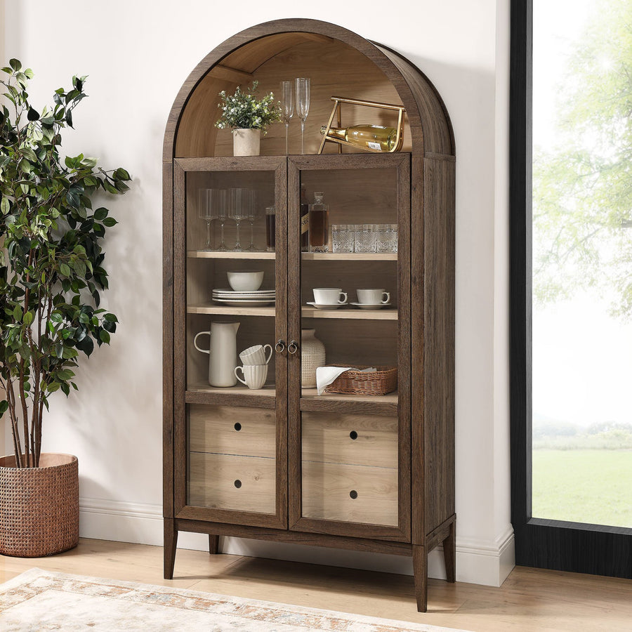 Percale 74" Tall Wide Arched Storage Display Cabinet in Walnut Light Oak