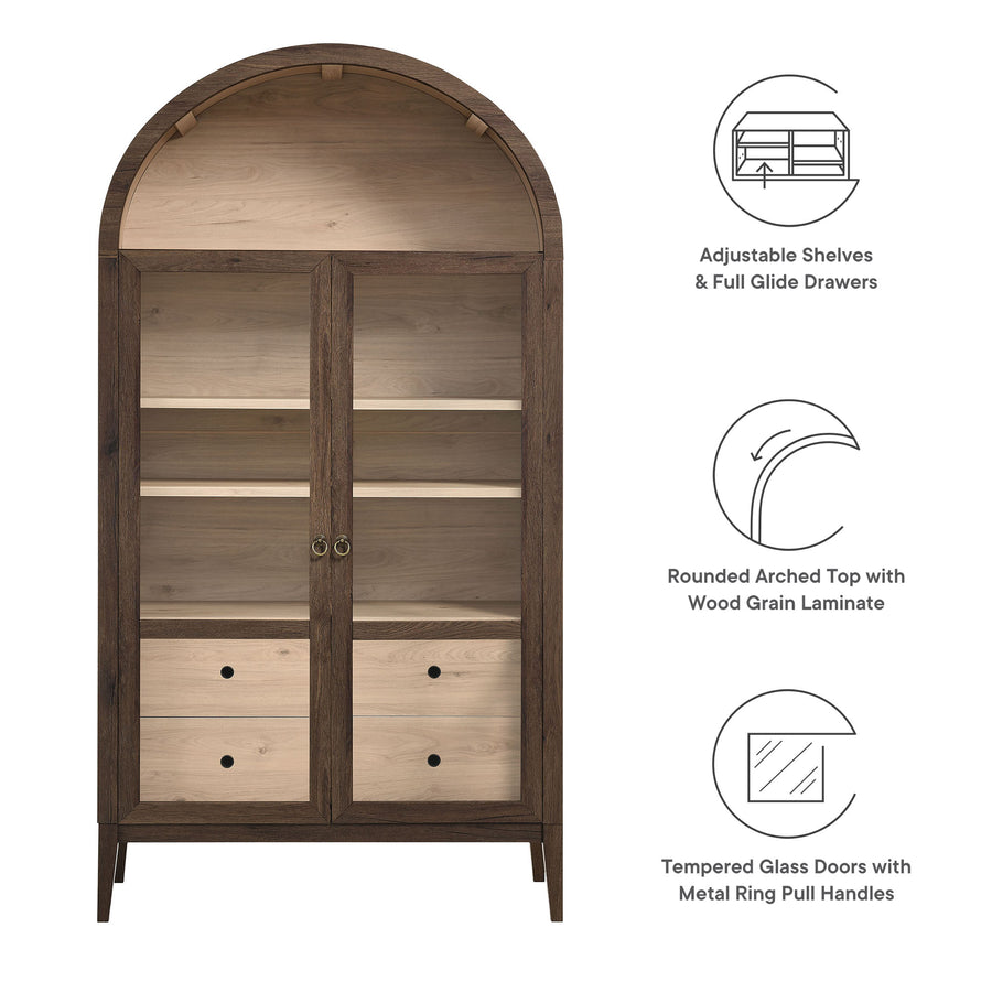 Percale 74" Tall Wide Arched Storage Display Cabinet in Walnut Light Oak