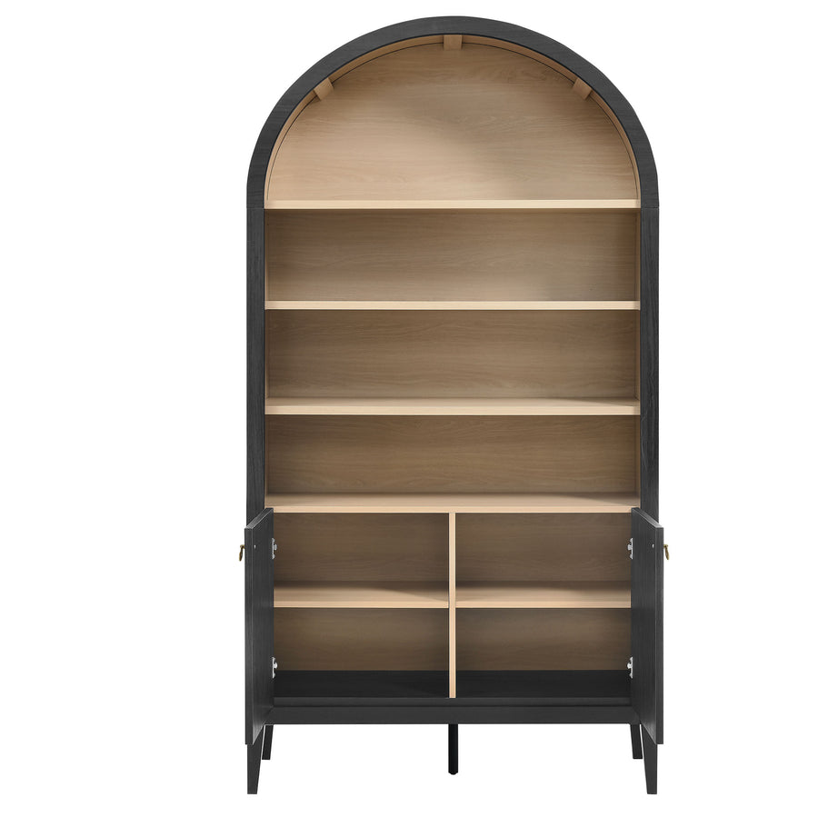 Percale 74" Tall Wide Arched Storage Display Cabinet Bookshelf in Black Oak