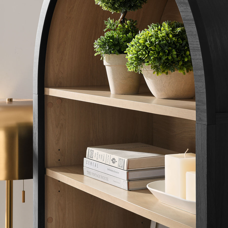 Percale 74" Tall Wide Arched Storage Display Cabinet Bookshelf in Black Oak
