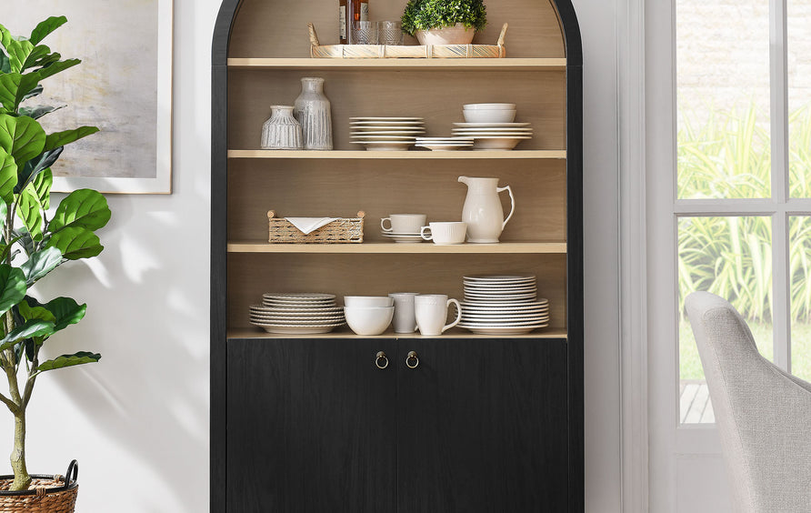 Percale 74" Tall Wide Arched Storage Display Cabinet Bookshelf in Black Oak