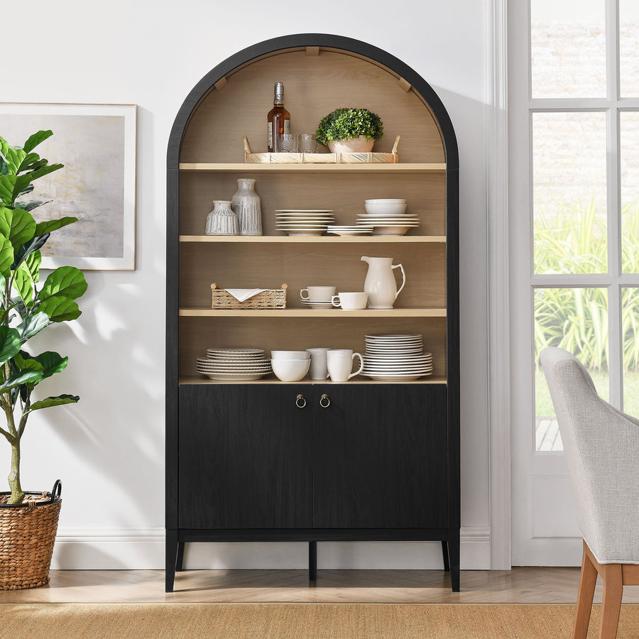 Percale 74" Tall Wide Arched Storage Display Cabinet Bookshelf in Black Oak