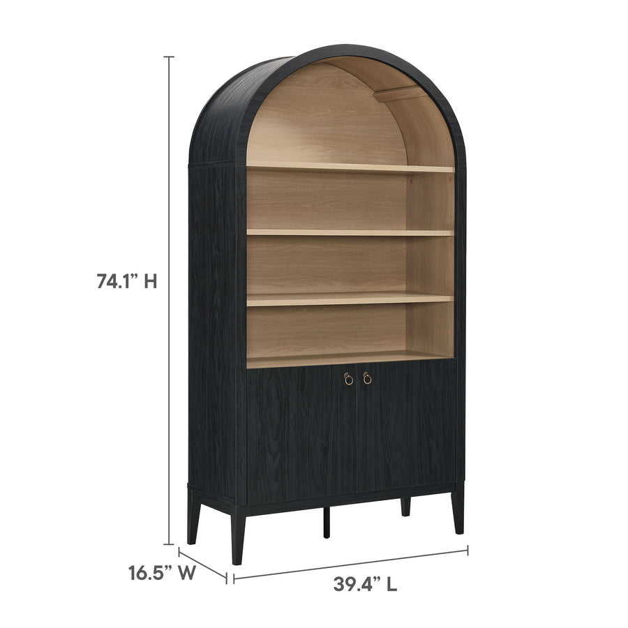 Percale 74" Tall Wide Arched Storage Display Cabinet Bookshelf in Black Oak