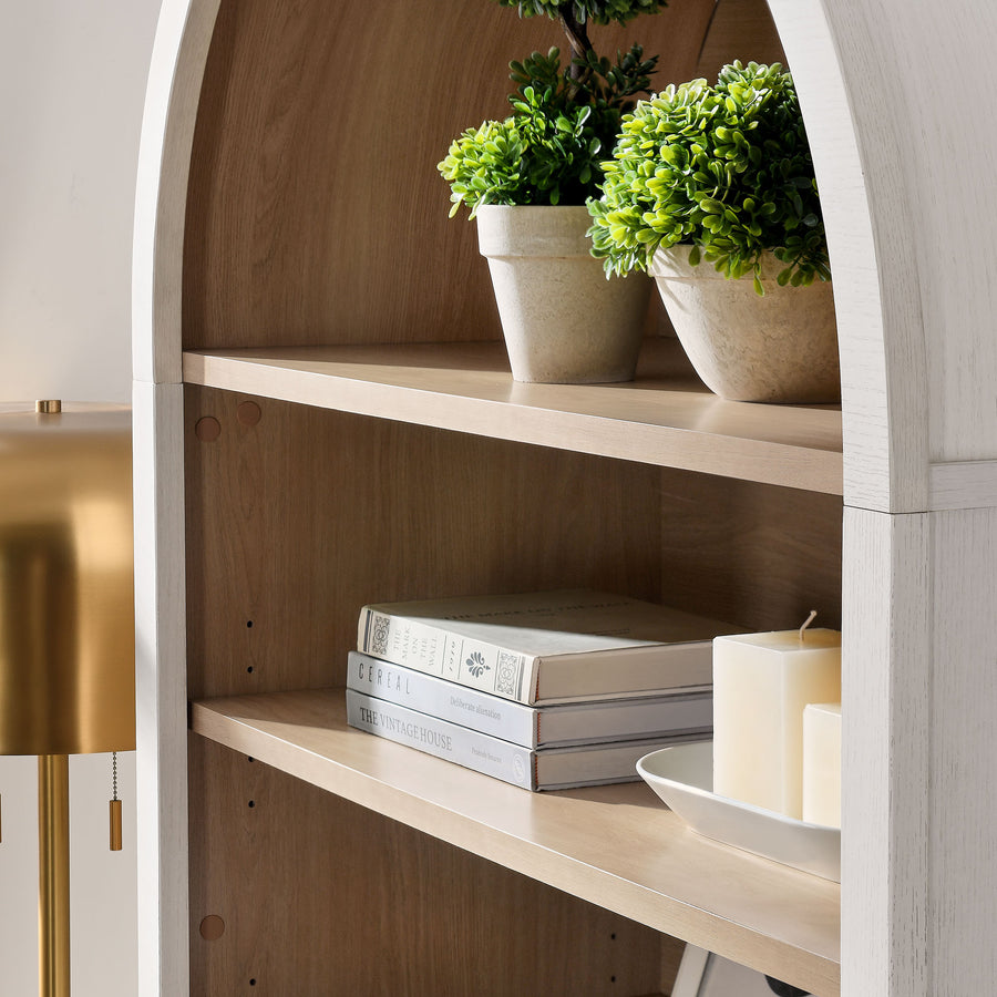 Percale 74" Tall Wide Arched Storage Display Cabinet Bookshelf in Ivory Oak