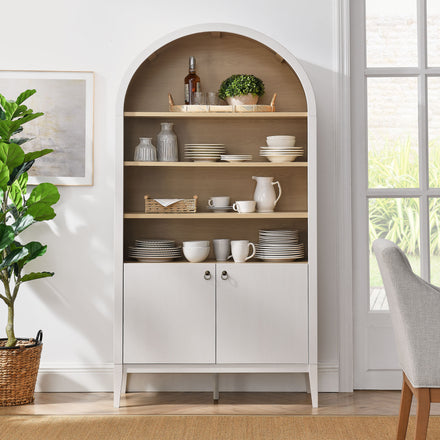 Nolan 74" Tall Wide Arched Storage Display Cabinet Bookshelf in Ivory Oak