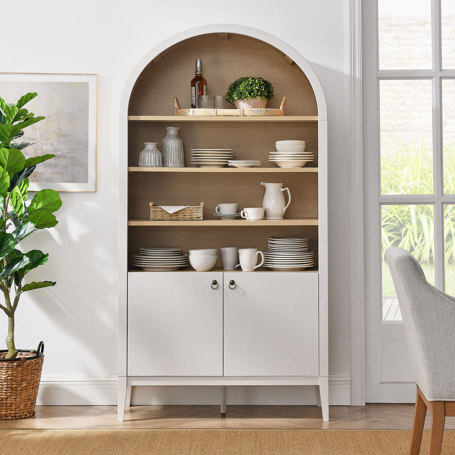 Percale 74" Tall Wide Arched Storage Display Cabinet Bookshelf in Ivory Oak