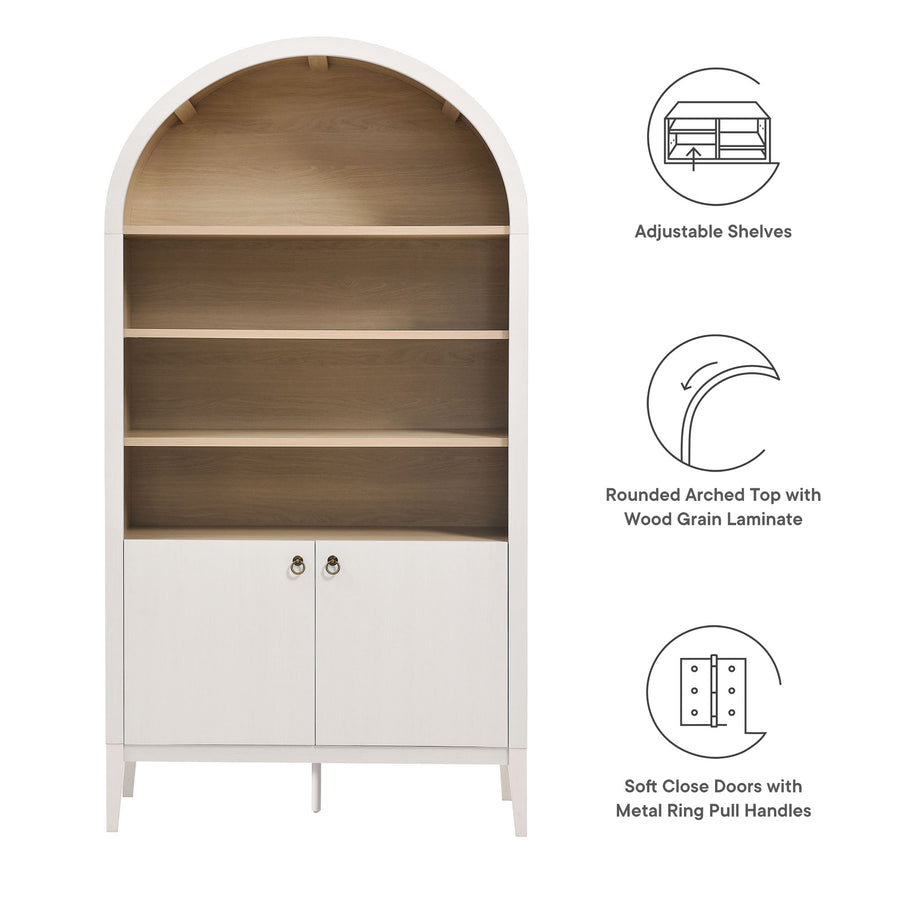 Percale 74" Tall Wide Arched Storage Display Cabinet Bookshelf in Ivory Oak