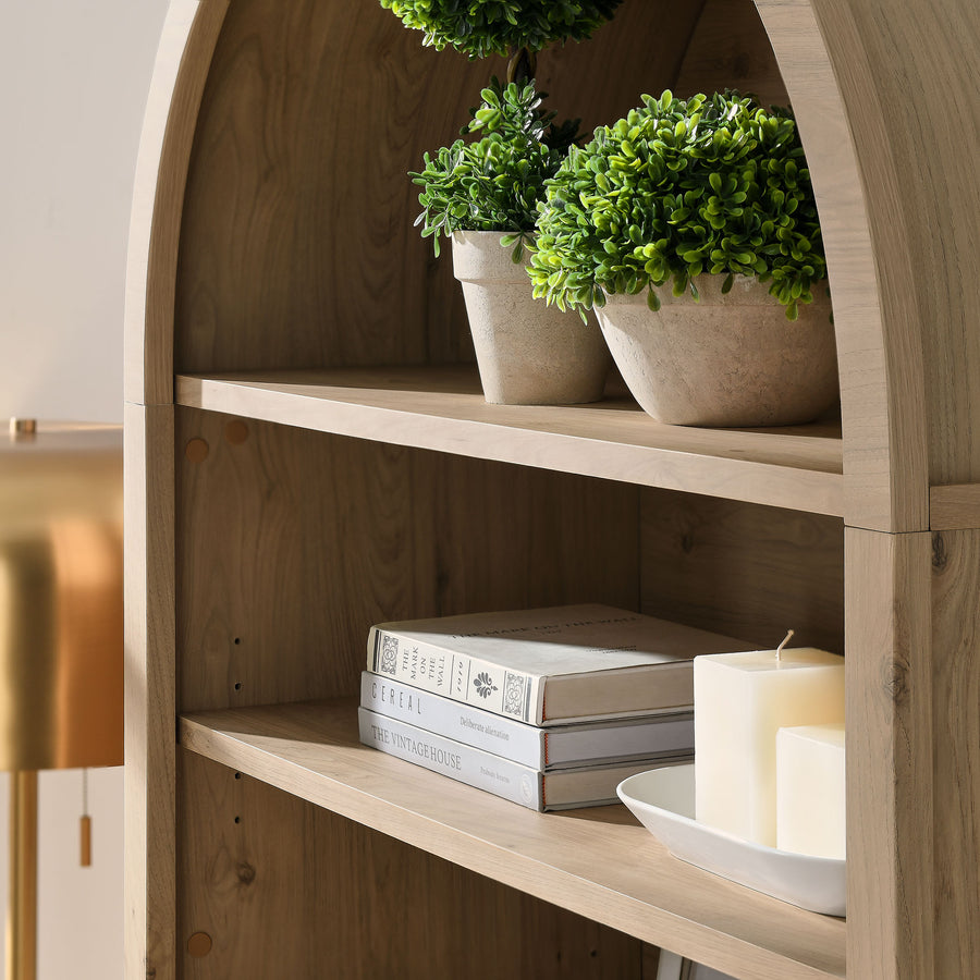 Percale 74" Tall Wide Arched Storage Display Cabinet Bookshelf in Light Oak