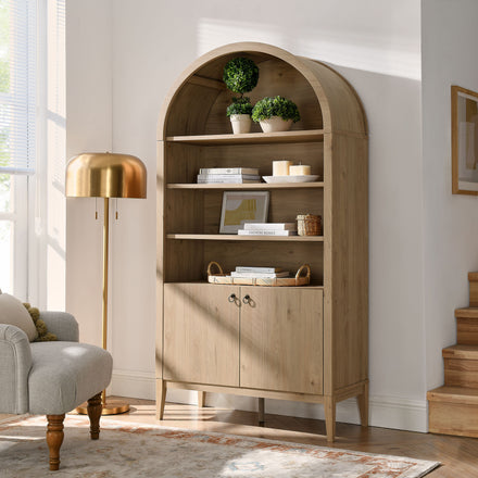 Nolan 74" Tall Wide Arched Storage Display Cabinet Bookshelf in Light Oak
