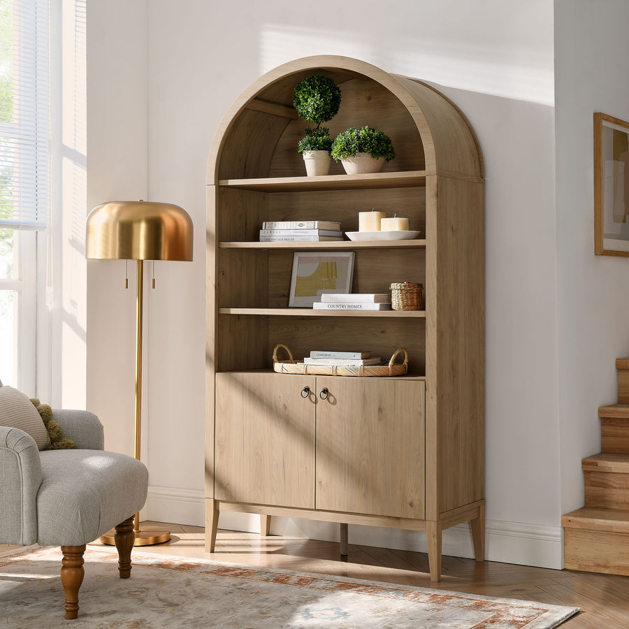 Percale 74" Tall Wide Arched Storage Display Cabinet Bookshelf in Light Oak