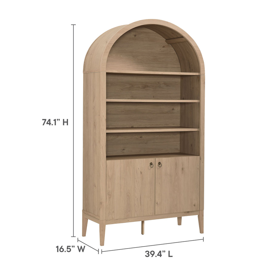 Percale 74" Tall Wide Arched Storage Display Cabinet Bookshelf in Light Oak