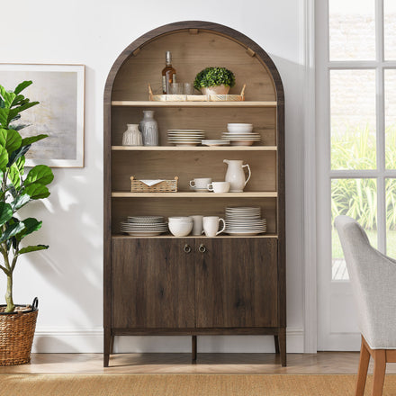 Nolan 74" Tall Wide Arched Storage Display Cabinet Bookshelf in Dark Walnut