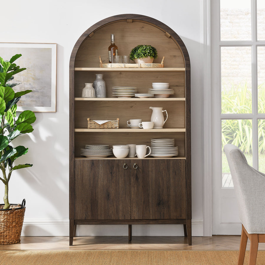 Percale 74" Tall Wide Arched Storage Display Cabinet Bookshelf in Dark Walnut