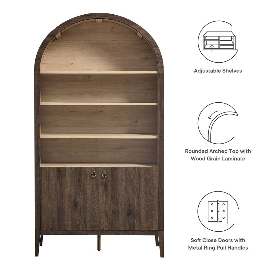 Percale 74" Tall Wide Arched Storage Display Cabinet Bookshelf in Dark Walnut