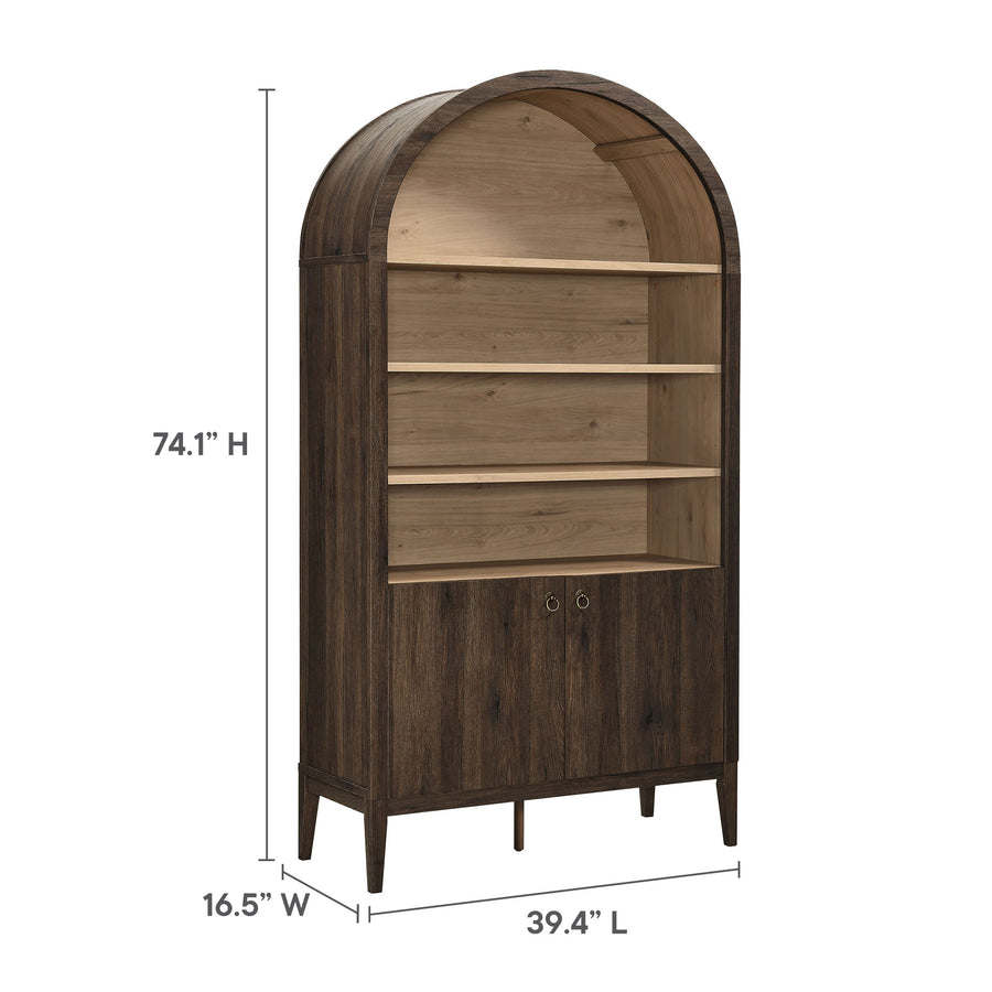 Percale 74" Tall Wide Arched Storage Display Cabinet Bookshelf in Dark Walnut